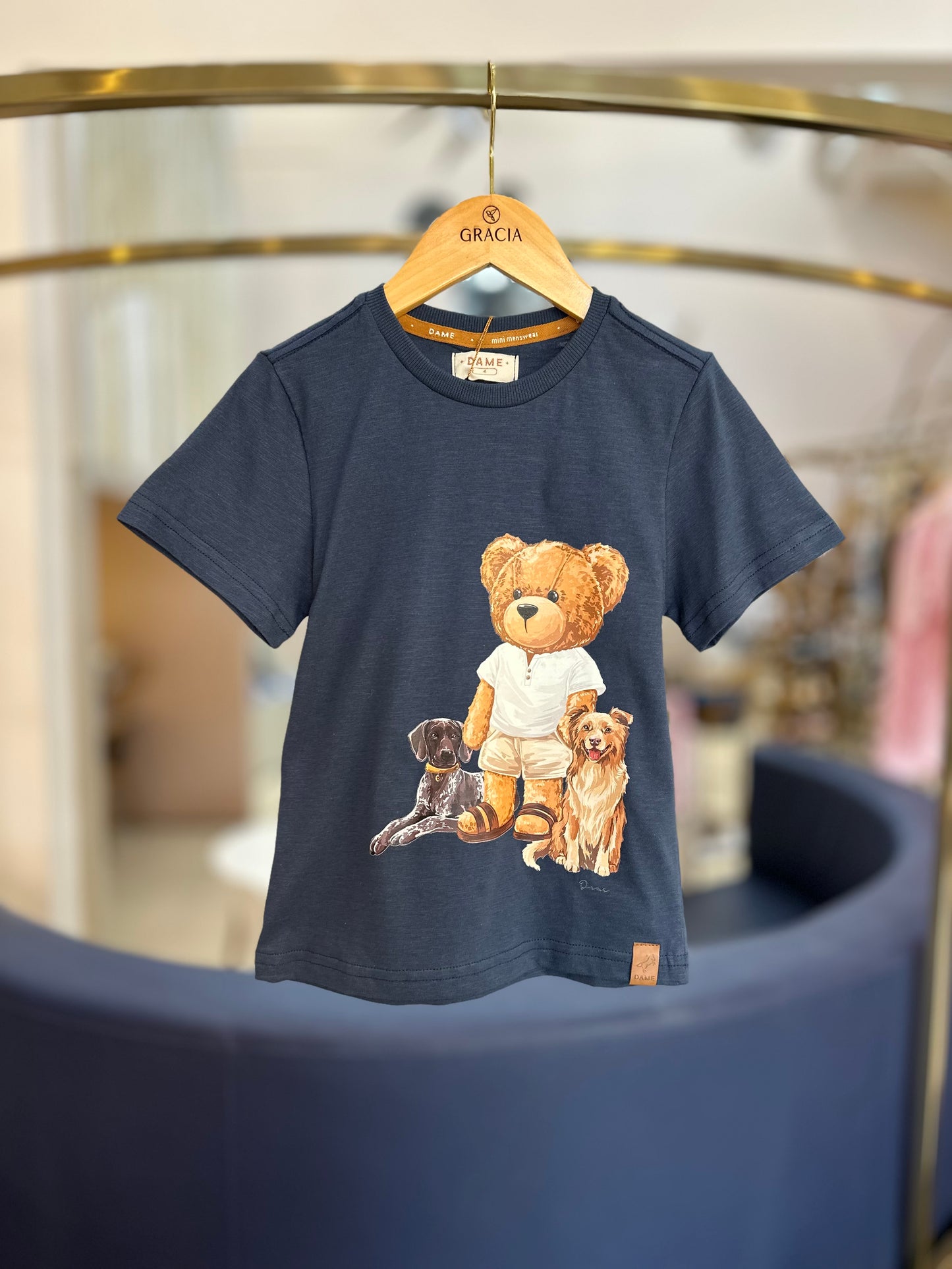 Conjunto Infantil Camiseta Teddy Cachorros Marinho e Bermuda Moletom Listra Bege - Dame