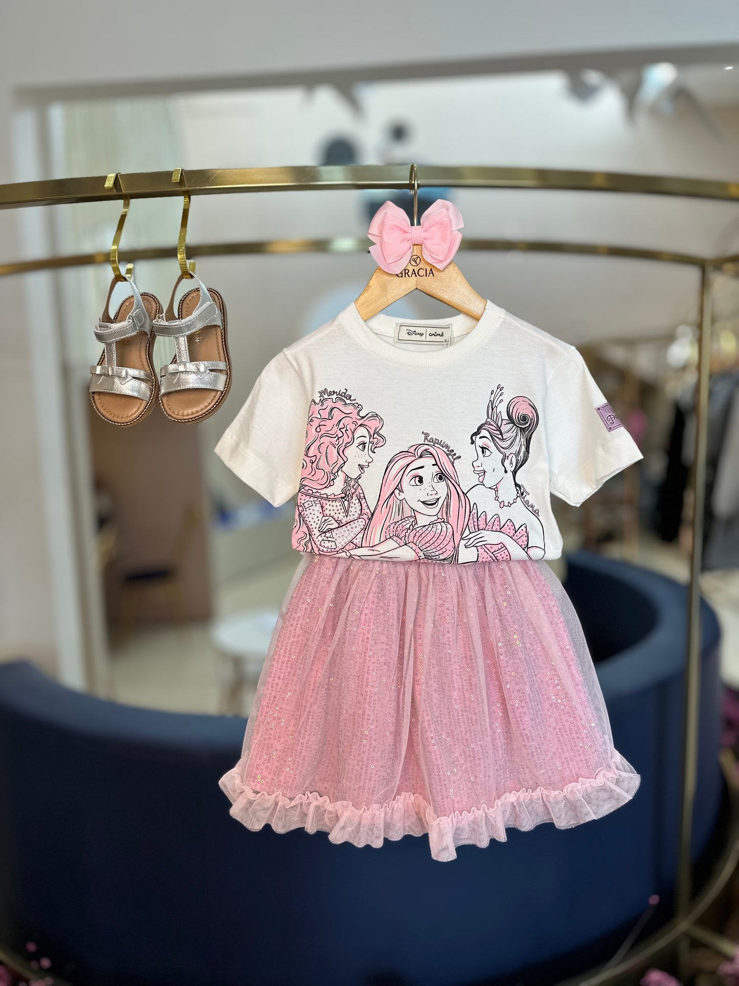 Conjunto Infantil Princesas Patch Disney e Saia Ballet Tule - Animê
