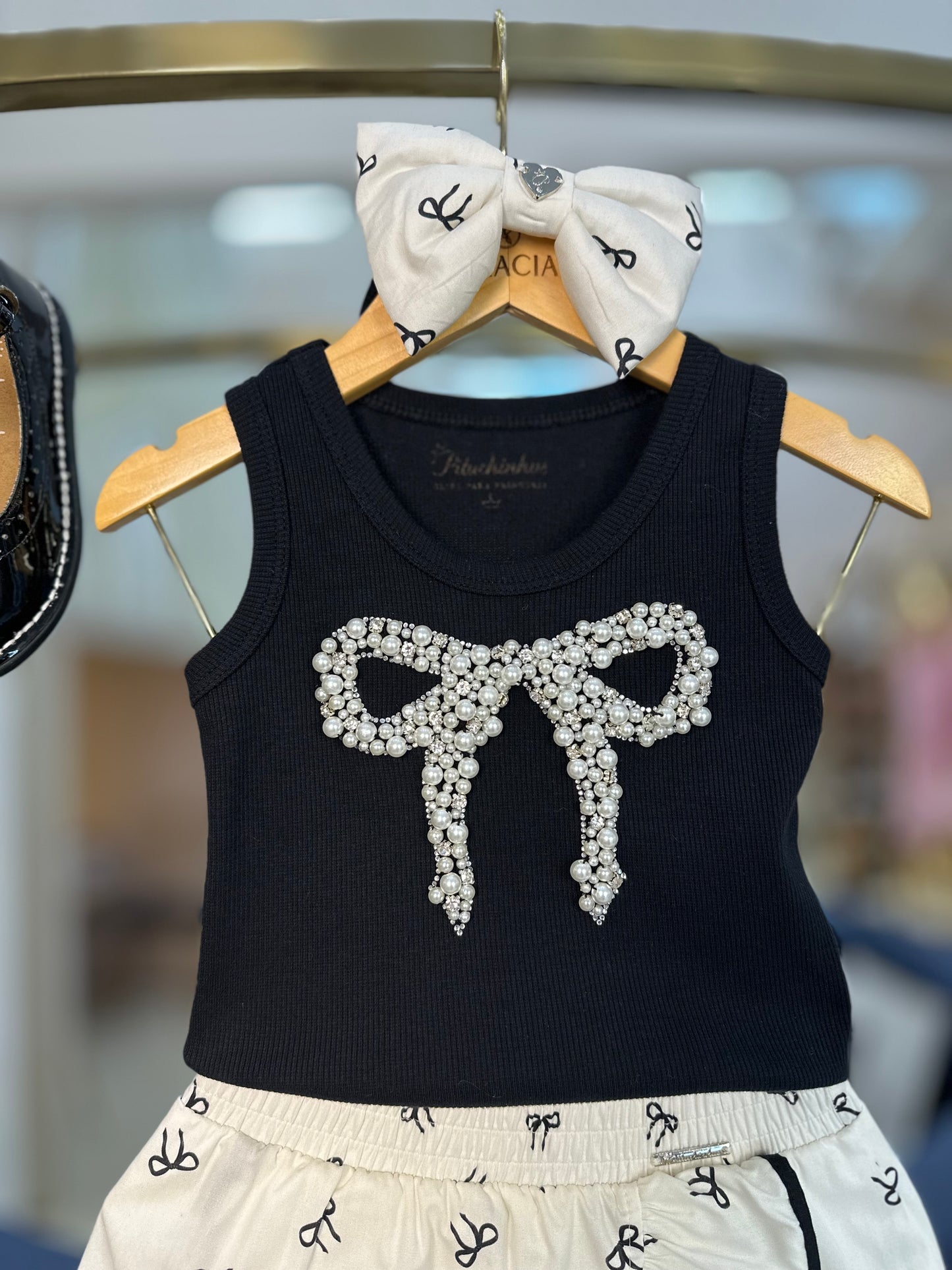Conjunto Infantil Blusa Laço Bordado e Saia-shorts Lacinhos - Pituchinhus