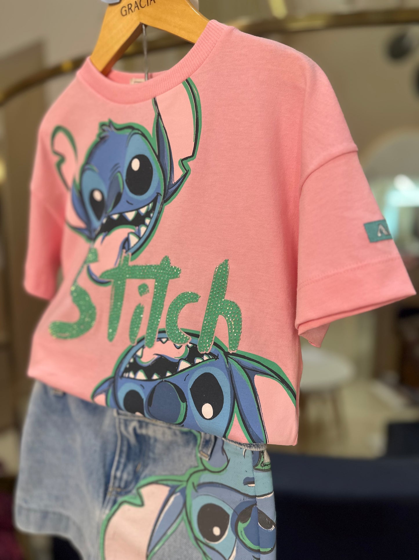 Conjunto Infantil Stitch Tshirt e Shorts-saia Jeans - Animê