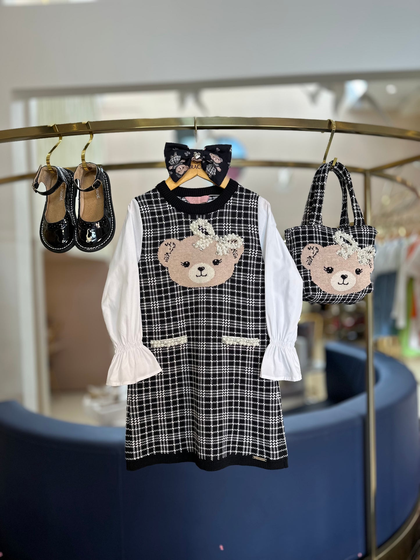 Vestido Infantil Tricot Xadrez Ursinho Mangas de Algodão - Pituchinhus