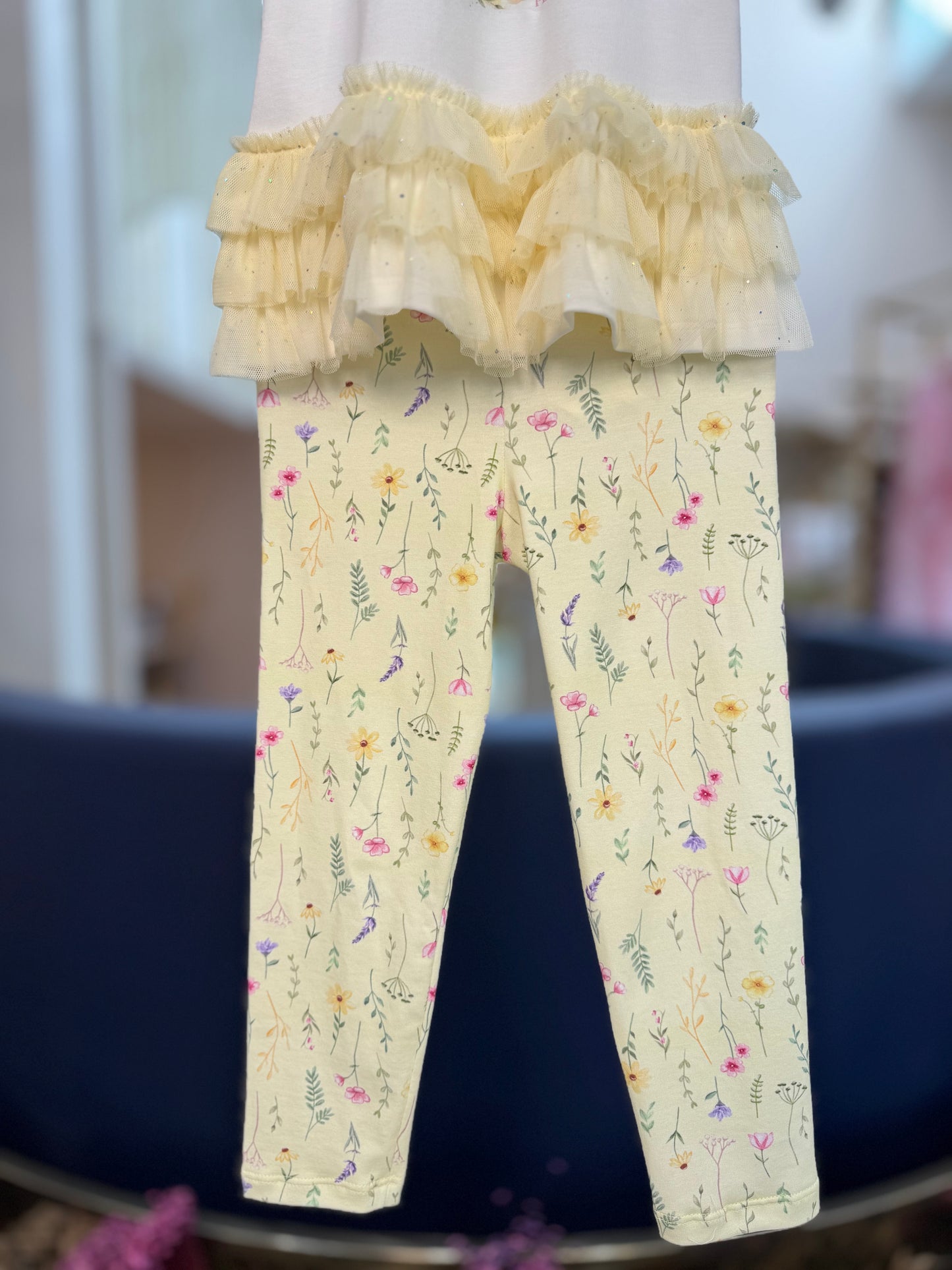 Conjunto Infantil Blusa Tule Amarelo e Legging Estampada - Petit Cherie
