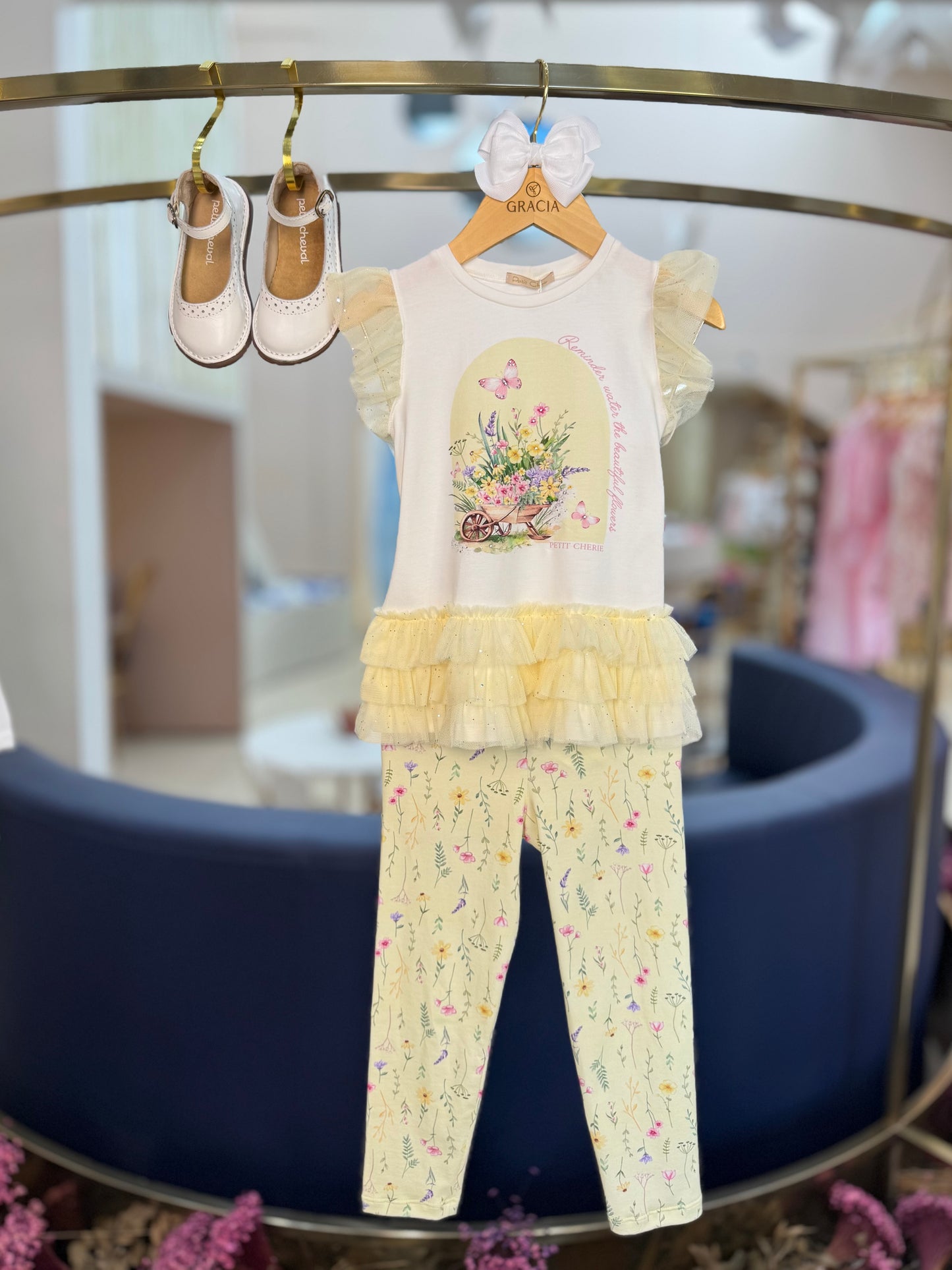 Conjunto Infantil Blusa Tule Amarelo e Legging Estampada - Petit Cherie