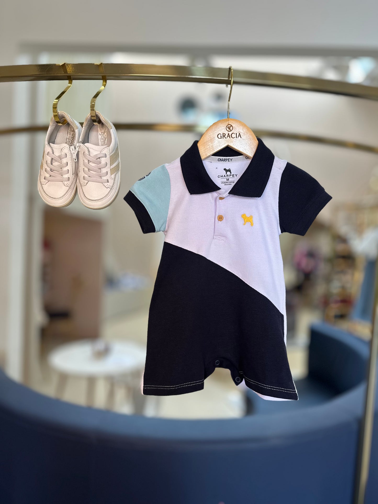Macacão Bebê Piquet Marinho com Branco - Charpey