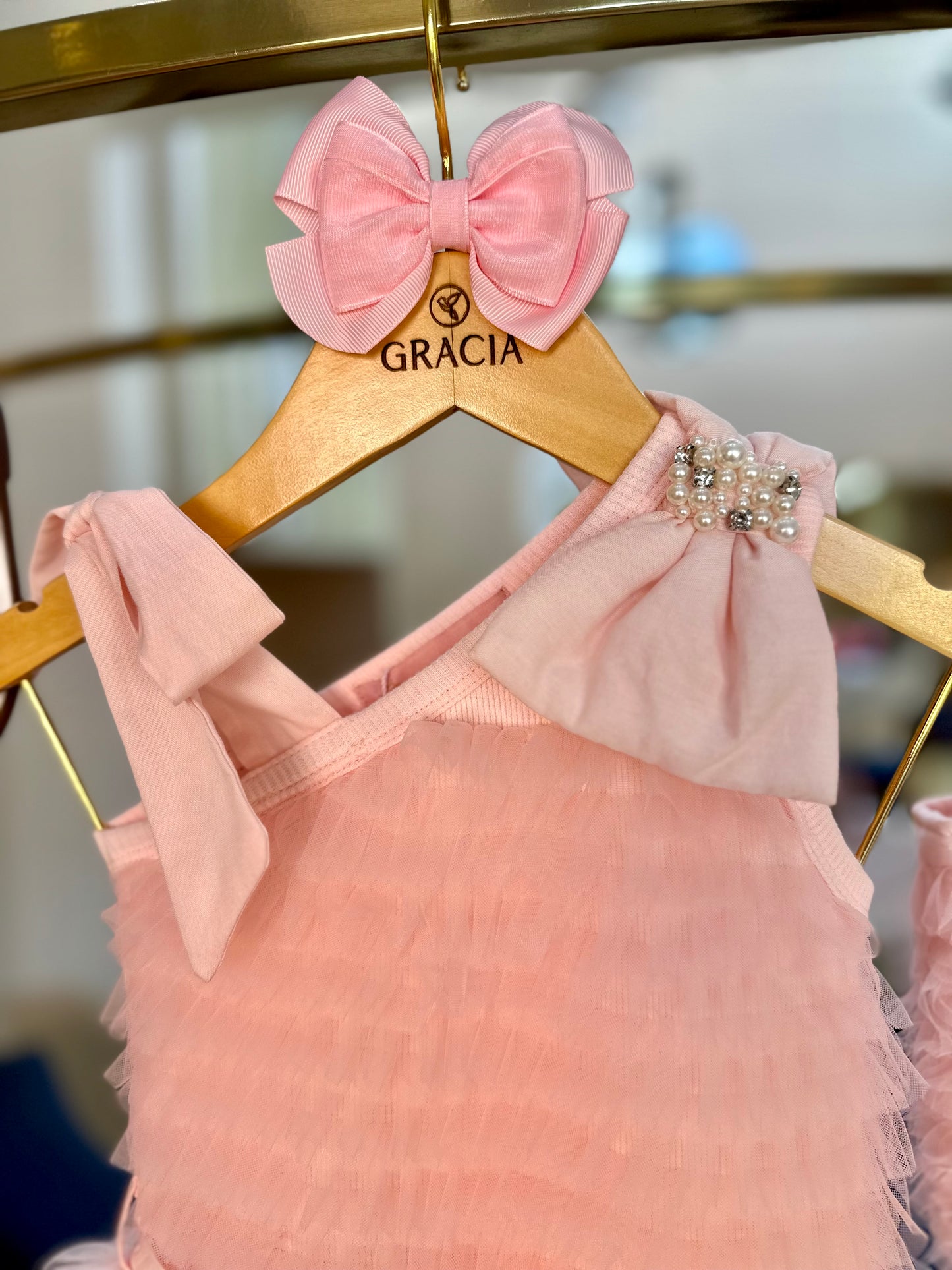 Vestido Infantil Festa Frufru Tule Laço Puffer Bordado Rosa Gelado - Pituchinhus