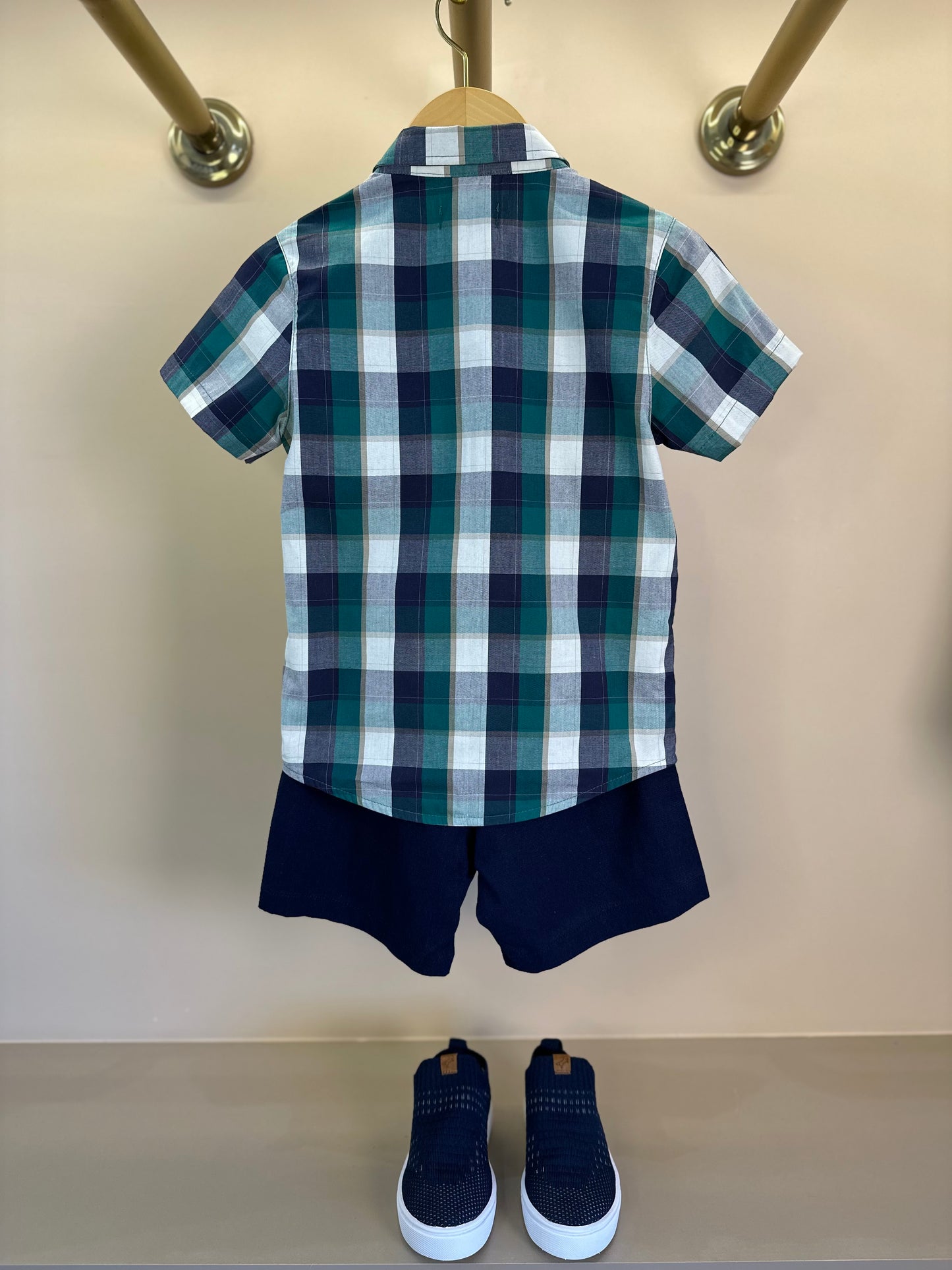 Conjunto Infantil Camisa MC Xadrez Verde e Bermuda Linho Marinho - Charpey