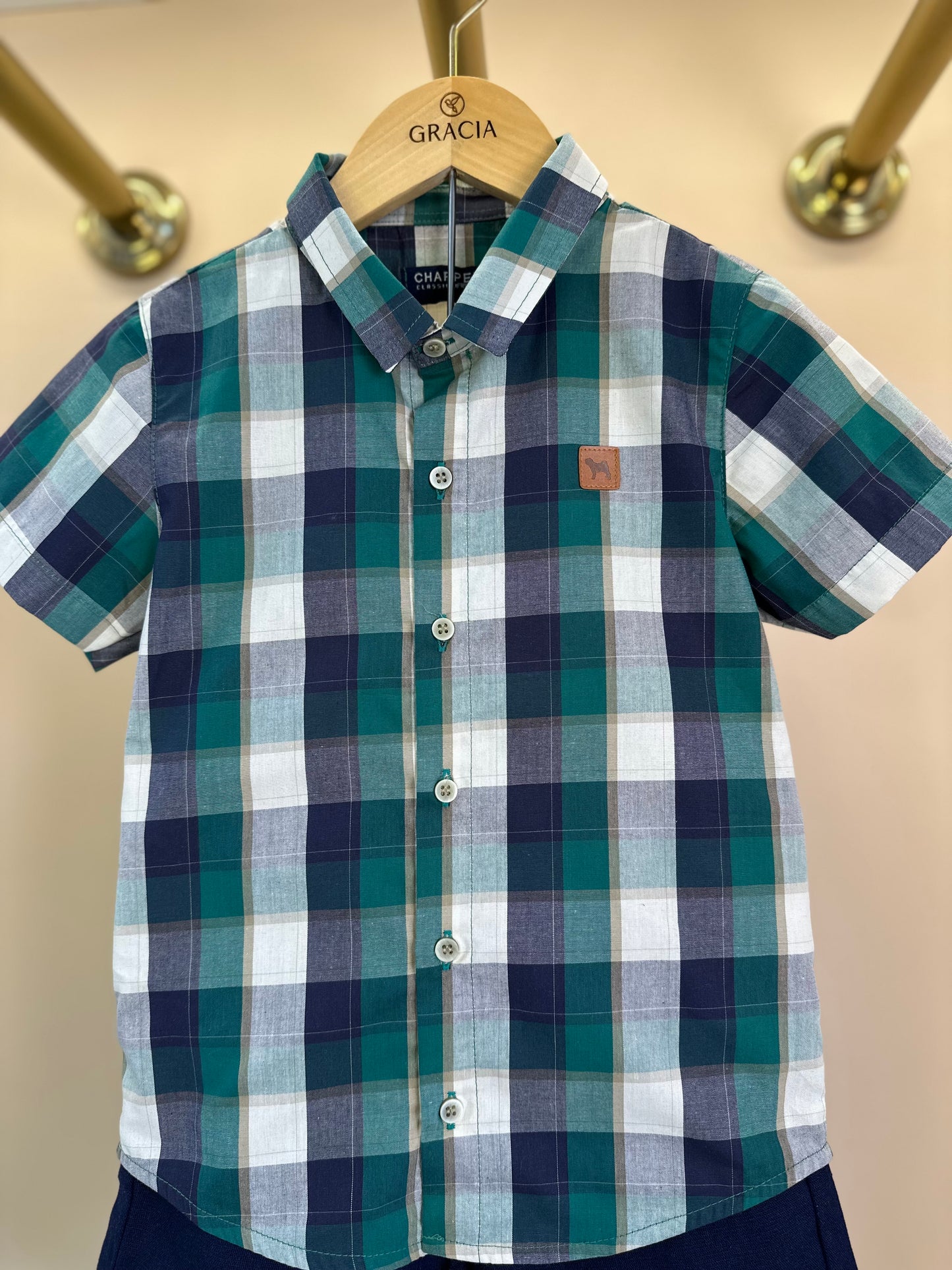 Conjunto Infantil Camisa MC Xadrez Verde e Bermuda Linho Marinho - Charpey