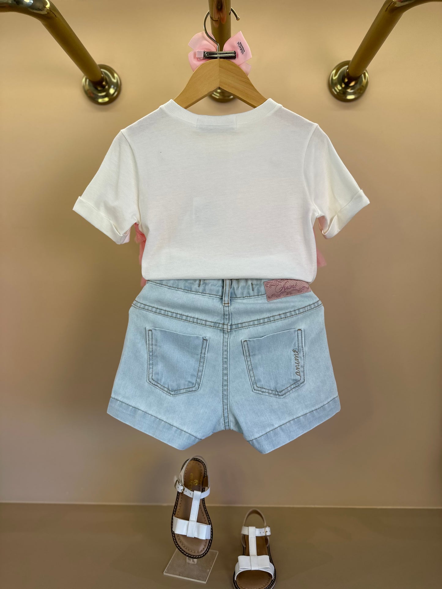 Conjunto Infantil Blusa Babados Tule Rosa e Shorts Jeans Strass Rosa - Animê