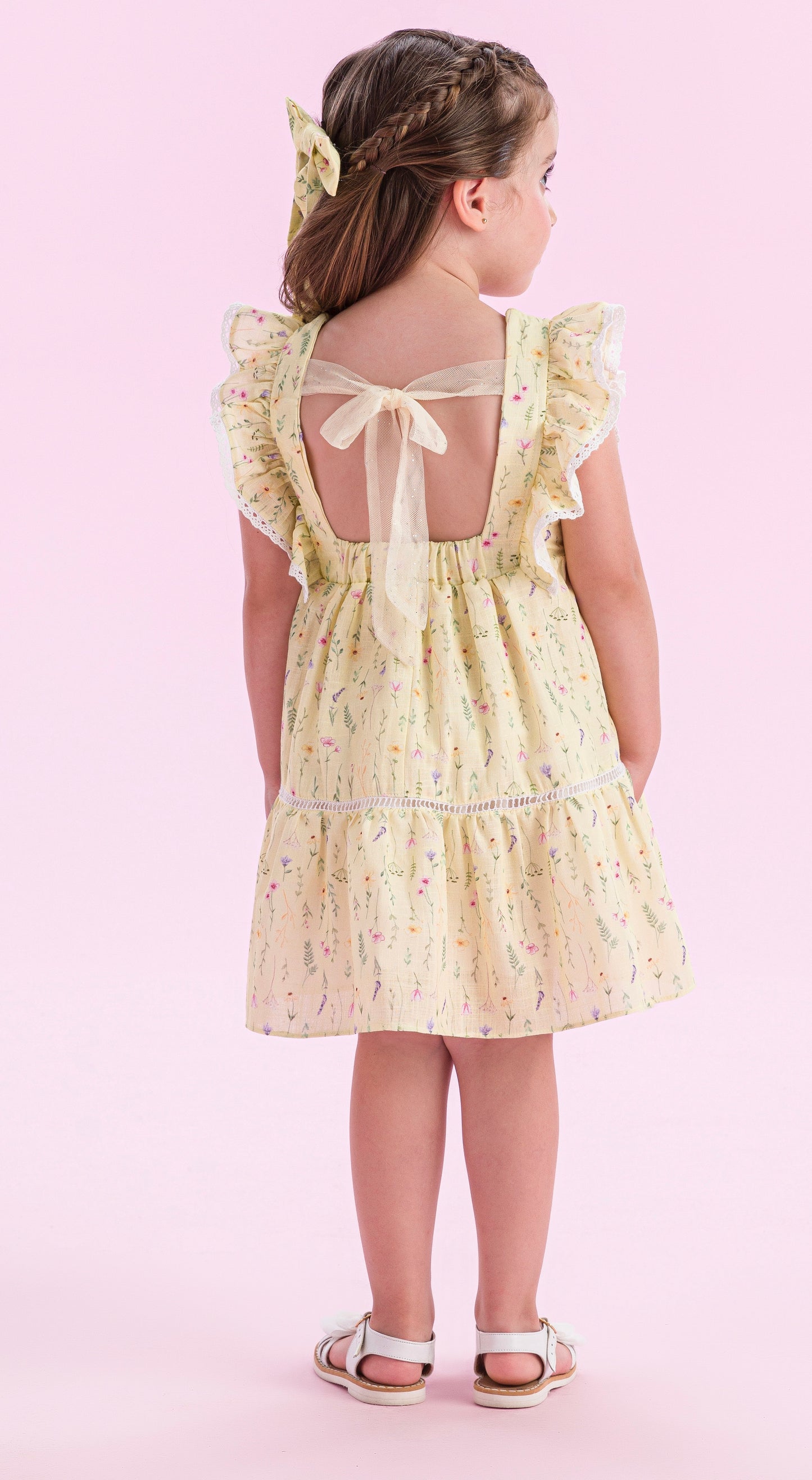 Vestido Infantil Algodão Laço Tule Amarelo Estampado Flores - Petit Cherie