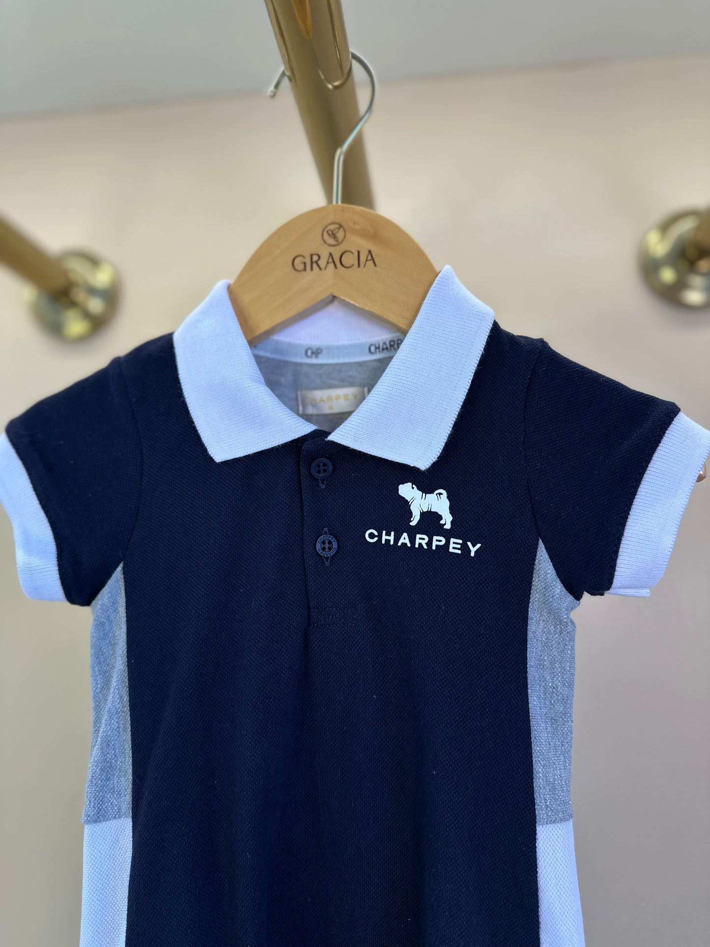 Macaquinho Bebê Piquet Marinho Golinha Branca - Charpey