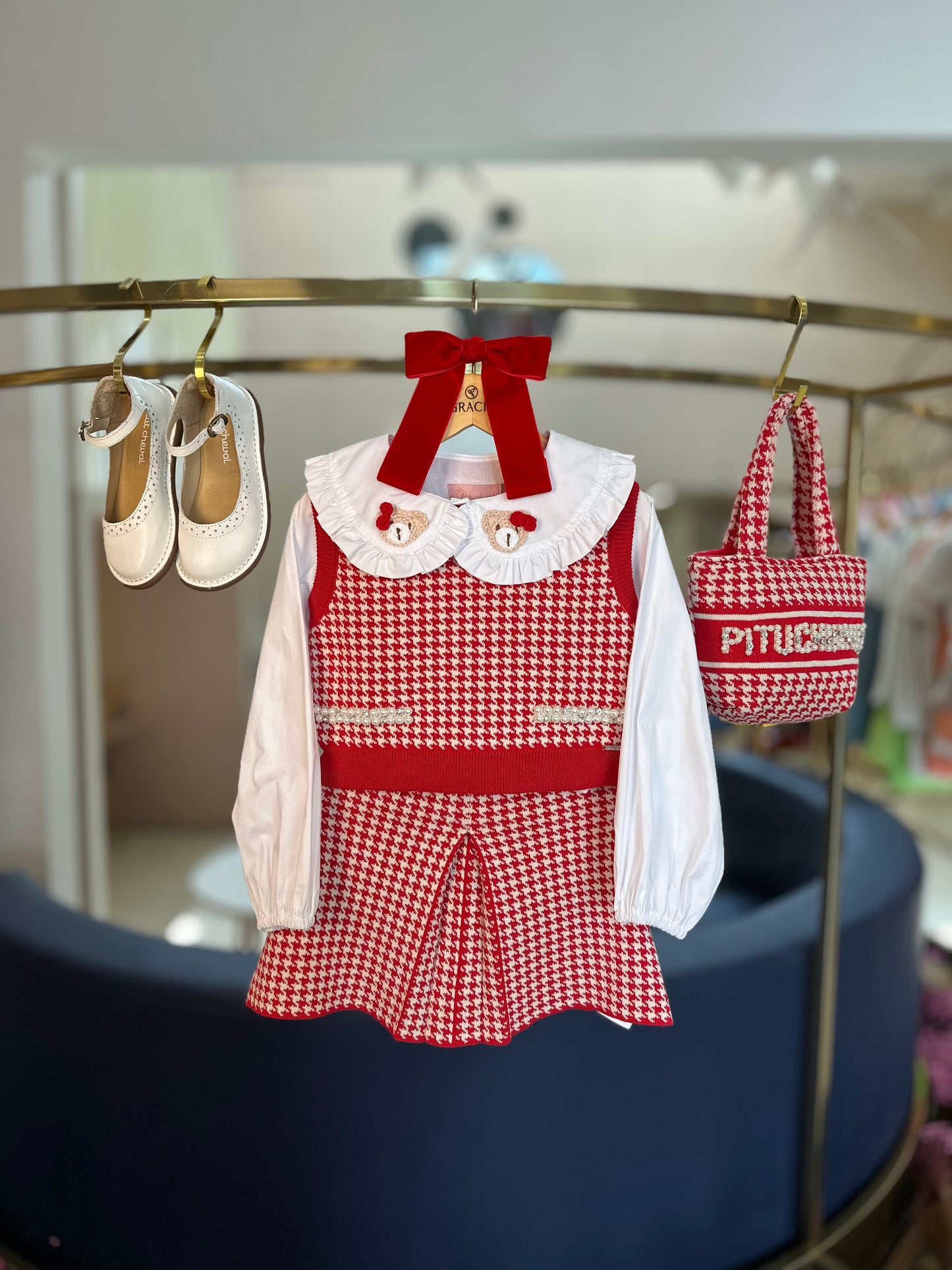 Conjunto Infantil Colete e Saia Tricot Pied Poule Prega - Pituchinhus