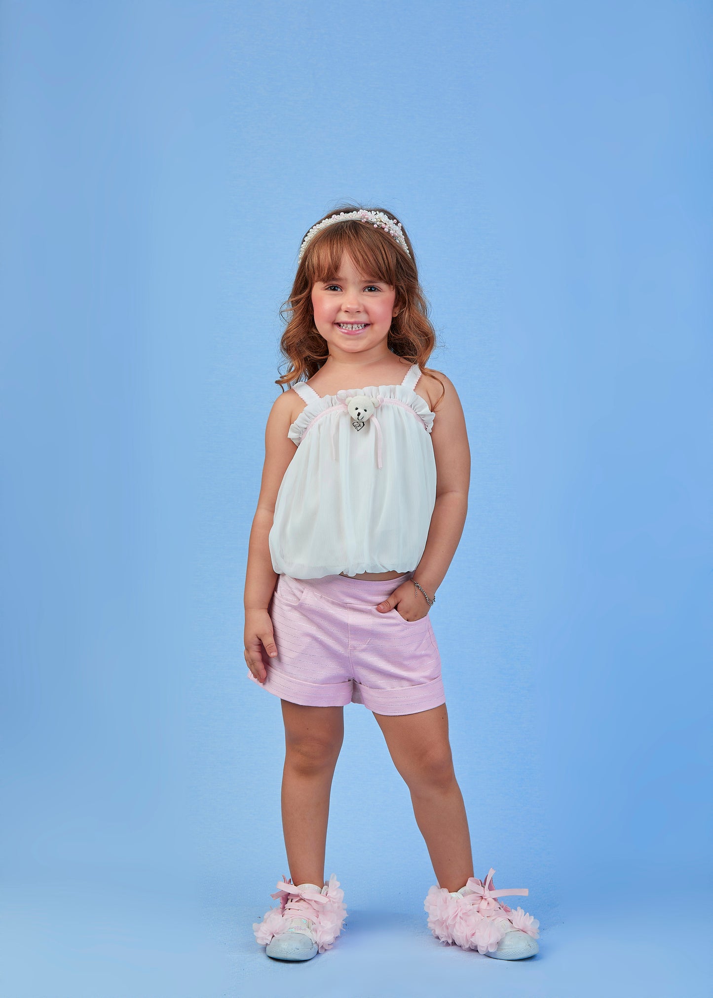 Conjunto Infantil Blusa Balonê Ursinho e Shorts Rosa - Gabriela Aquarela