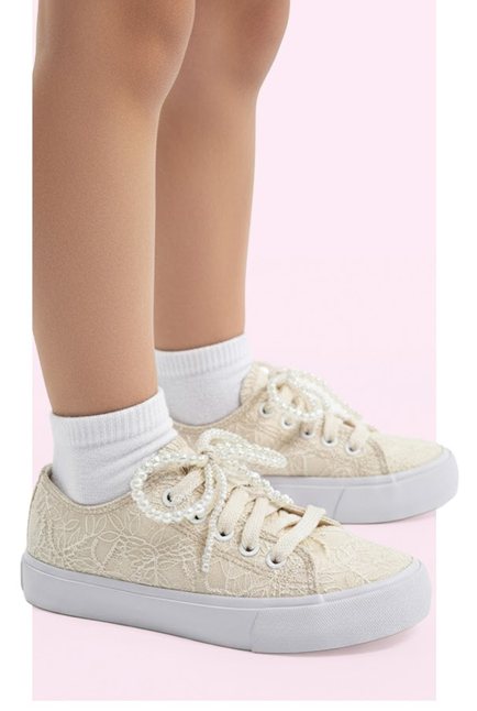Tênis Infantil Casual Rendado Laço Pérolas Off White - Luluzinha