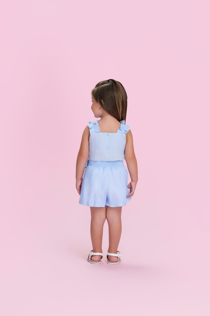 Conjunto Infantil Blusa Linho Bordada Flores e Shorts Bordado Flores - Petit Cherie