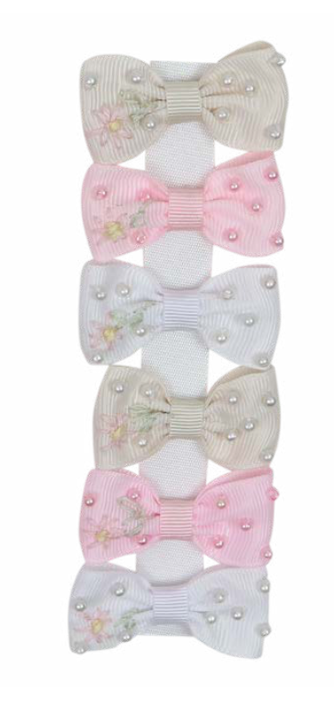 Lacinhos Bebê Bordado Pérolas 3 Pares Rosa, Off e Branco - Roana