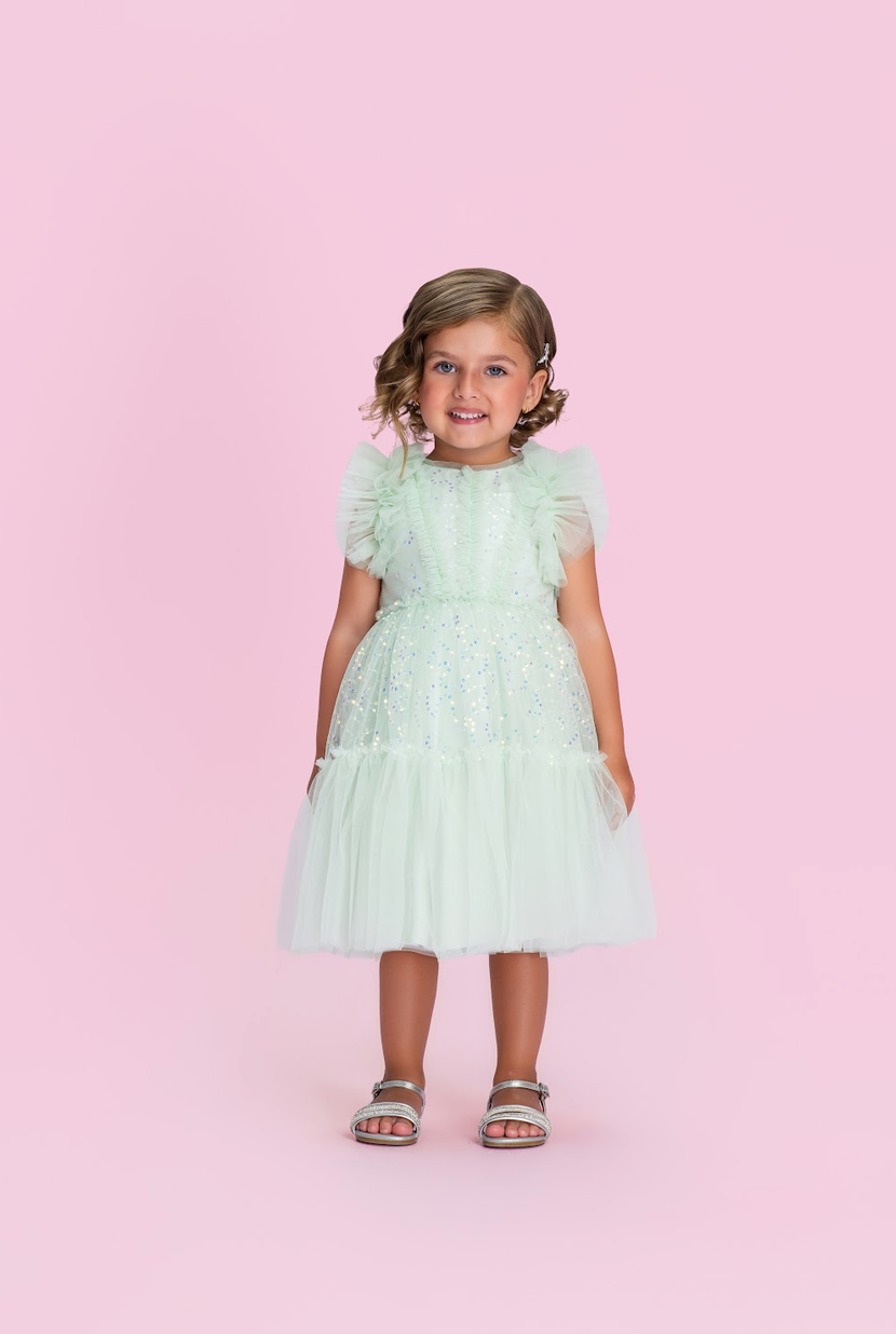 Vestido Infantil Verde em Tule com Brilho e Mangas Franzidas - Petit Cherie