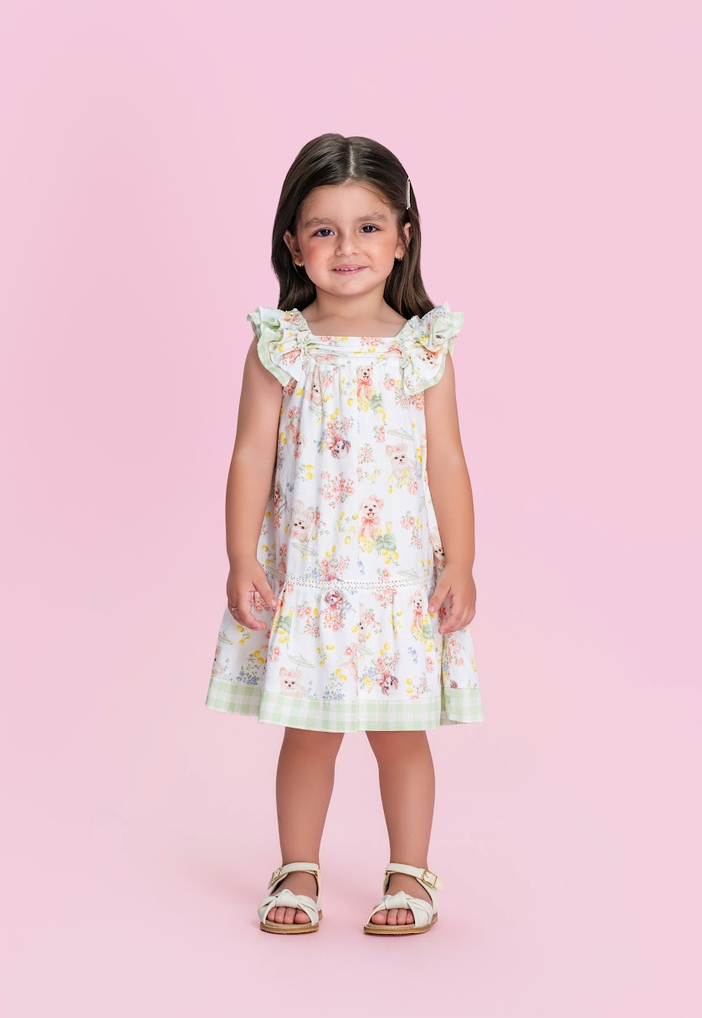 Vestido Infantil Branco Estampado com Cachorros e Flores e Babados Verde - Petit Cherie