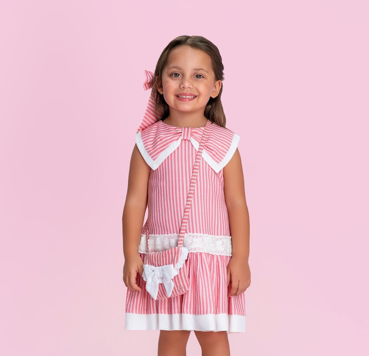 Vestido Infantil Rosa com Listras Brancas, Gola e Detalhes em Renda - Petit Cherie