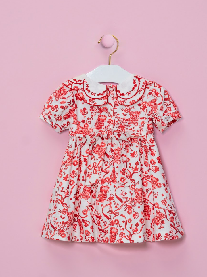 Vestido Infantil Branco com Estampa Floral Vermelha e Gola com Babados - Petit Cherie