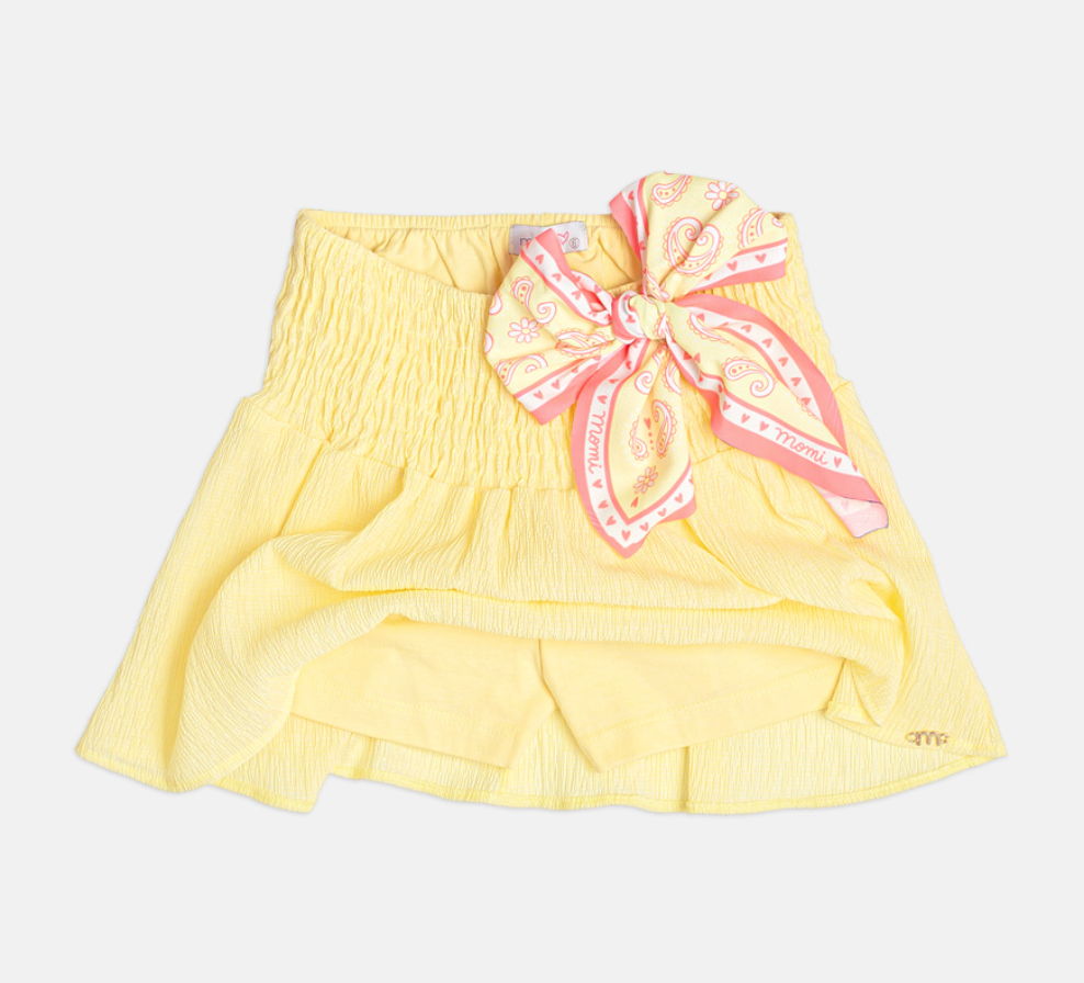 Conjunto Infantil Blusa Ursinho Pooh com Strass Saia Lastex Amarela com Laço Lenço - Momi