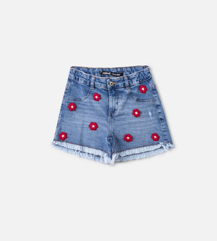 Conjunto Infantil Blusa Off White Minnie Estampa de Flores 3D Short Jeans com Flores Vermelhas Bordadas - Animê