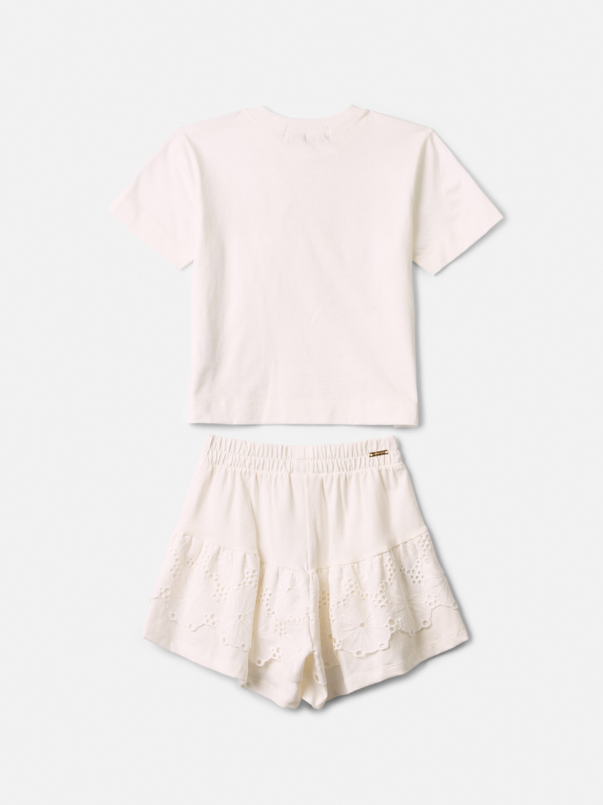 Conjunto Infantil Off White com Blusa Lovely e Short com Babados em Laise - Animê