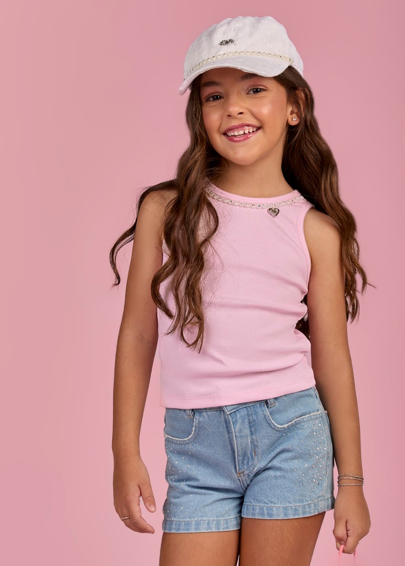 Regata Infantil Canelada Rosa com Cristais na Gola - Gabriela Aquarela