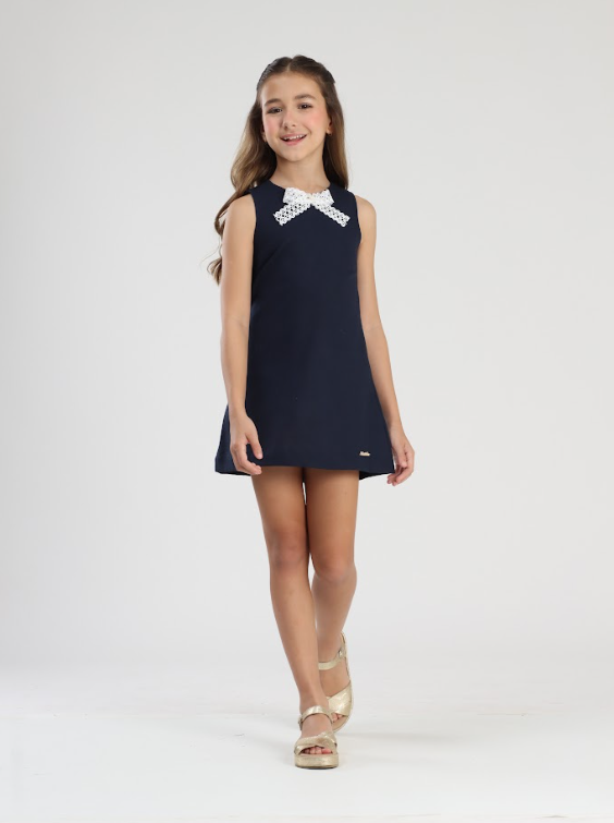 Vestido Infantil Trapézio Linho Marinho - Luluzinha
