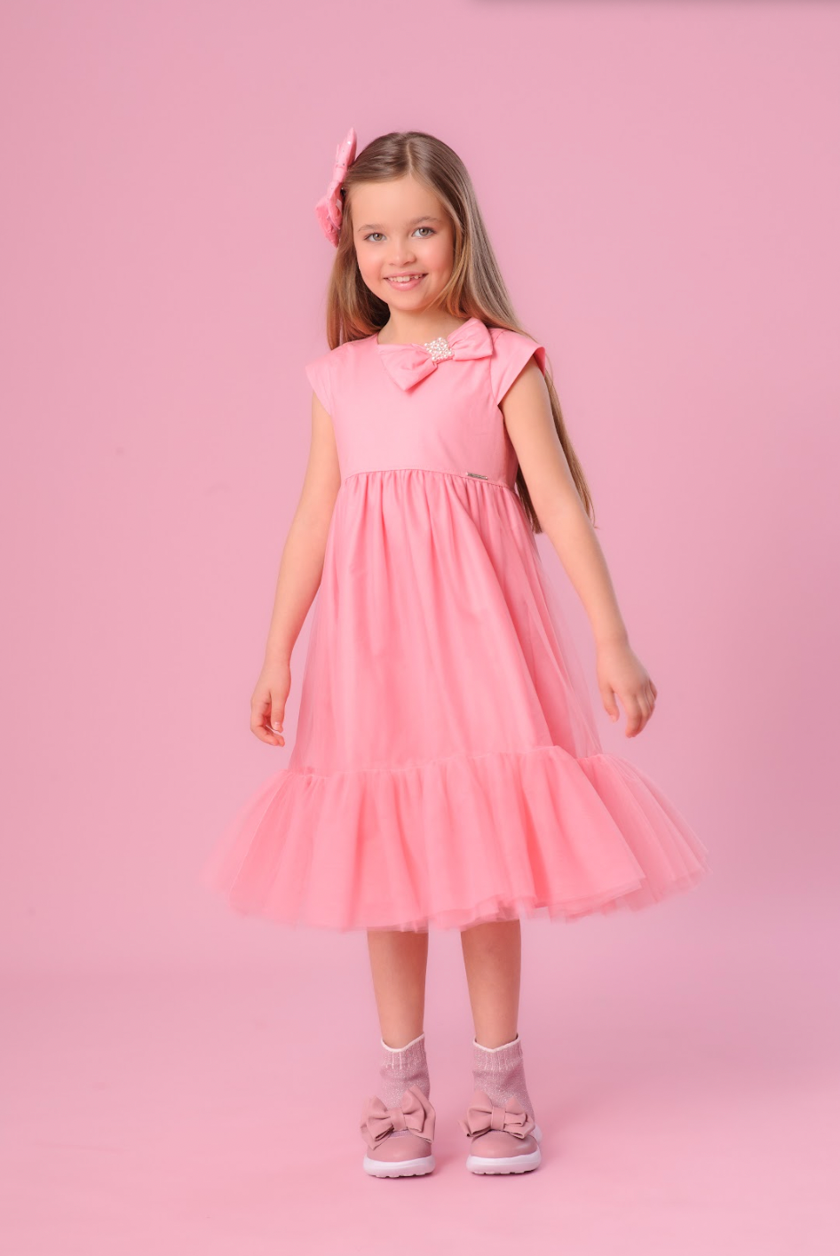 Vestido Infantil Tule Laço Puffer Bordado - Pituchinhus