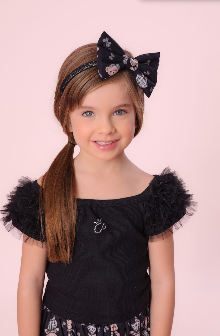Conjunto Infantil Blusa Ombro a Ombro e Saia Midi Ursinhas e Laços Xadrez - Pituchinhus PRÉ-VENDA