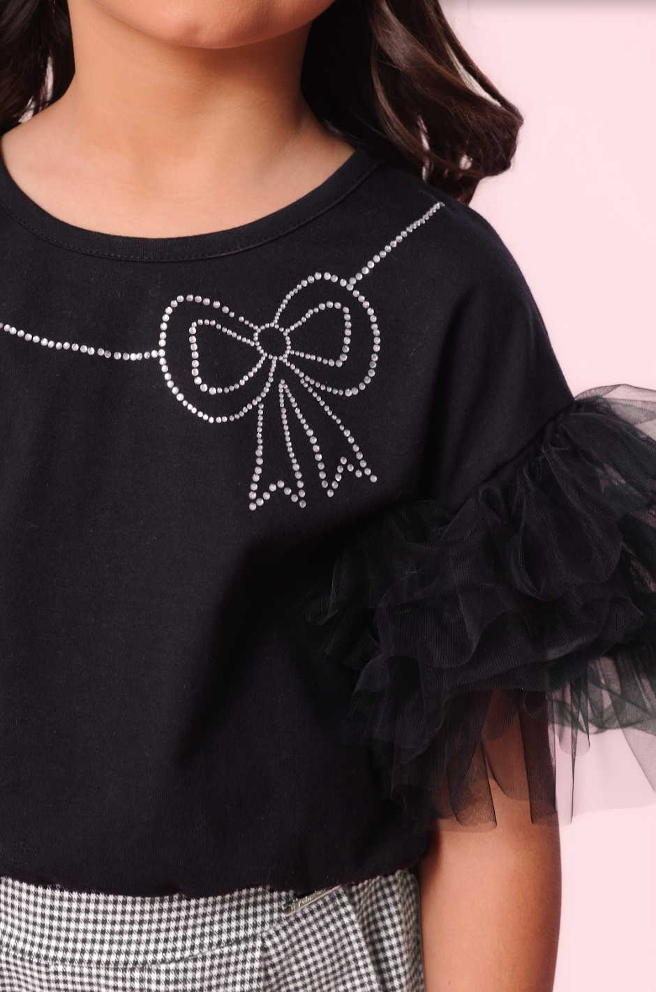 Conjunto Infantil Blusa Colar Cristal e Mangas Tule e Calça Xadrez - Pituchinhus PRÉ-VENDA
