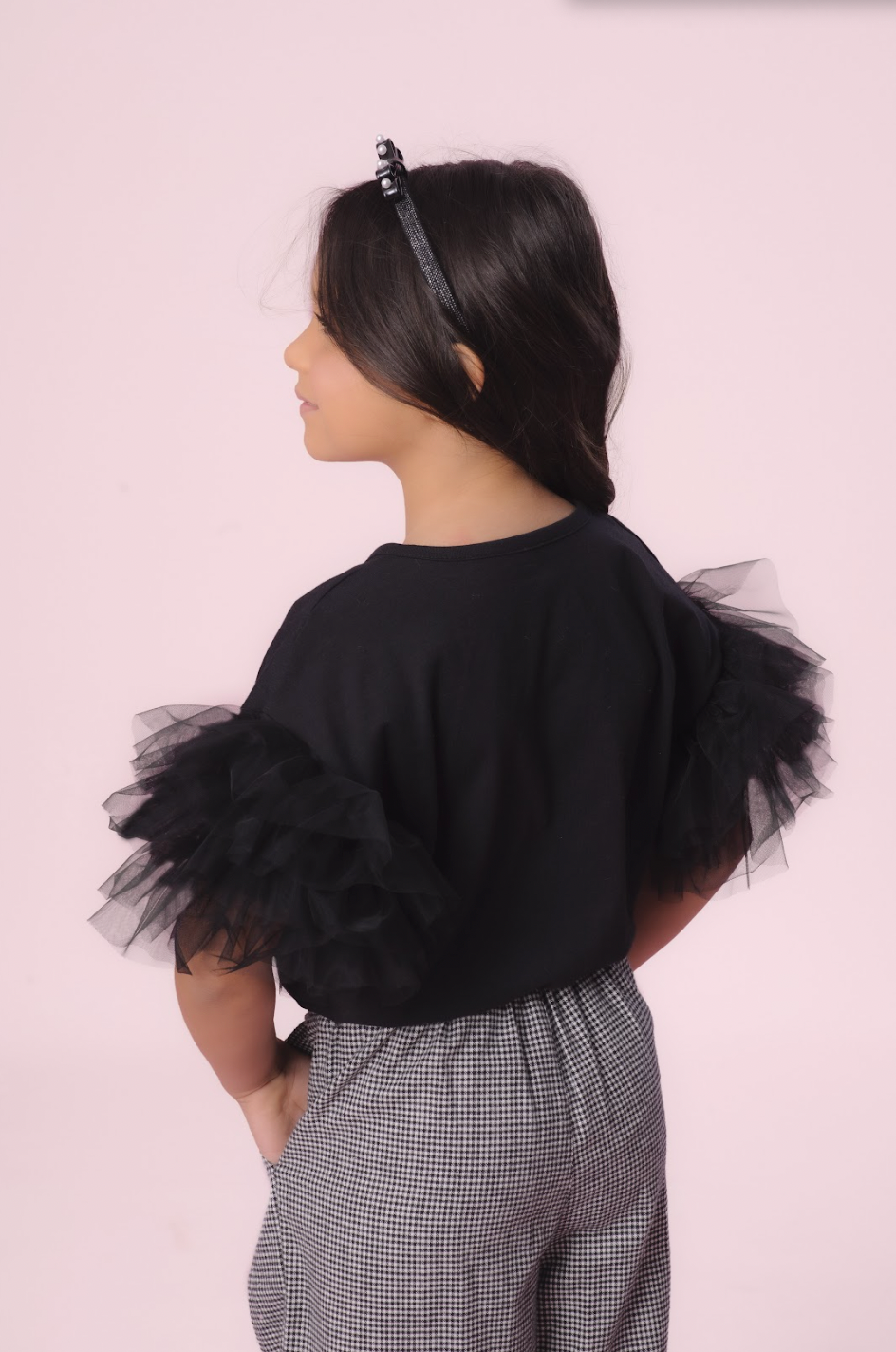 Conjunto Infantil Blusa Colar Cristal e Mangas Tule e Calça Xadrez - Pituchinhus PRÉ-VENDA