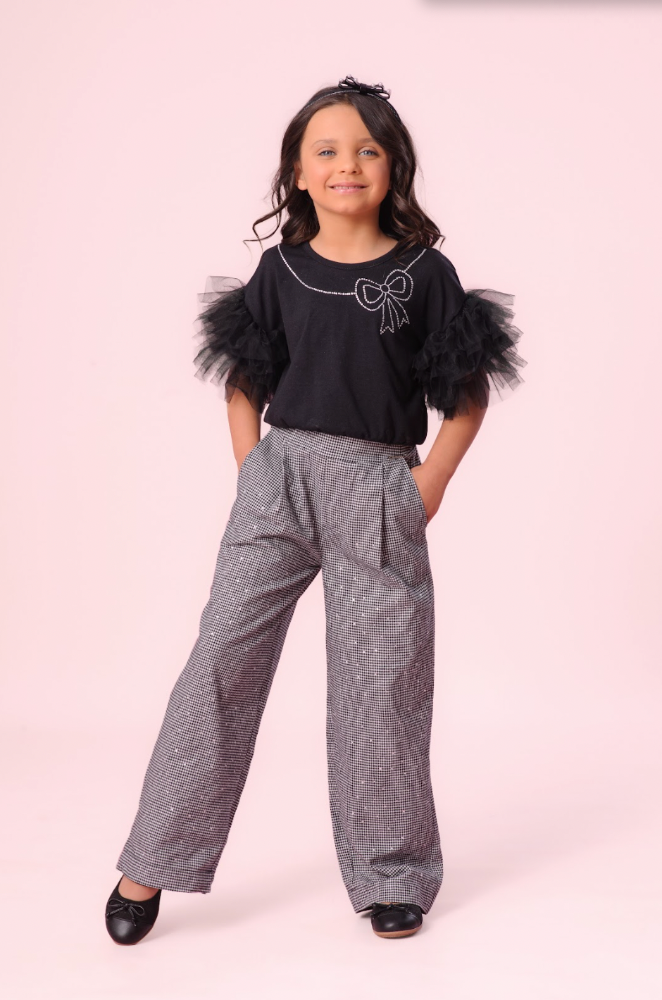 Conjunto Infantil Blusa Colar Cristal e Mangas Tule e Calça Xadrez - Pituchinhus PRÉ-VENDA