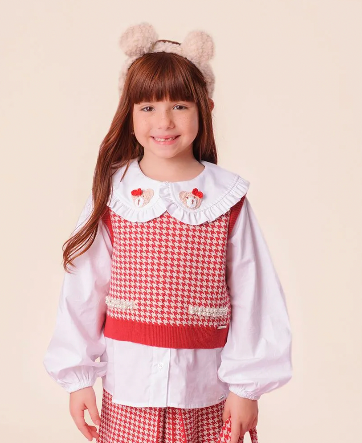 Conjunto Infantil Colete e Saia Tricot Pied Poule Prega - Pituchinhus