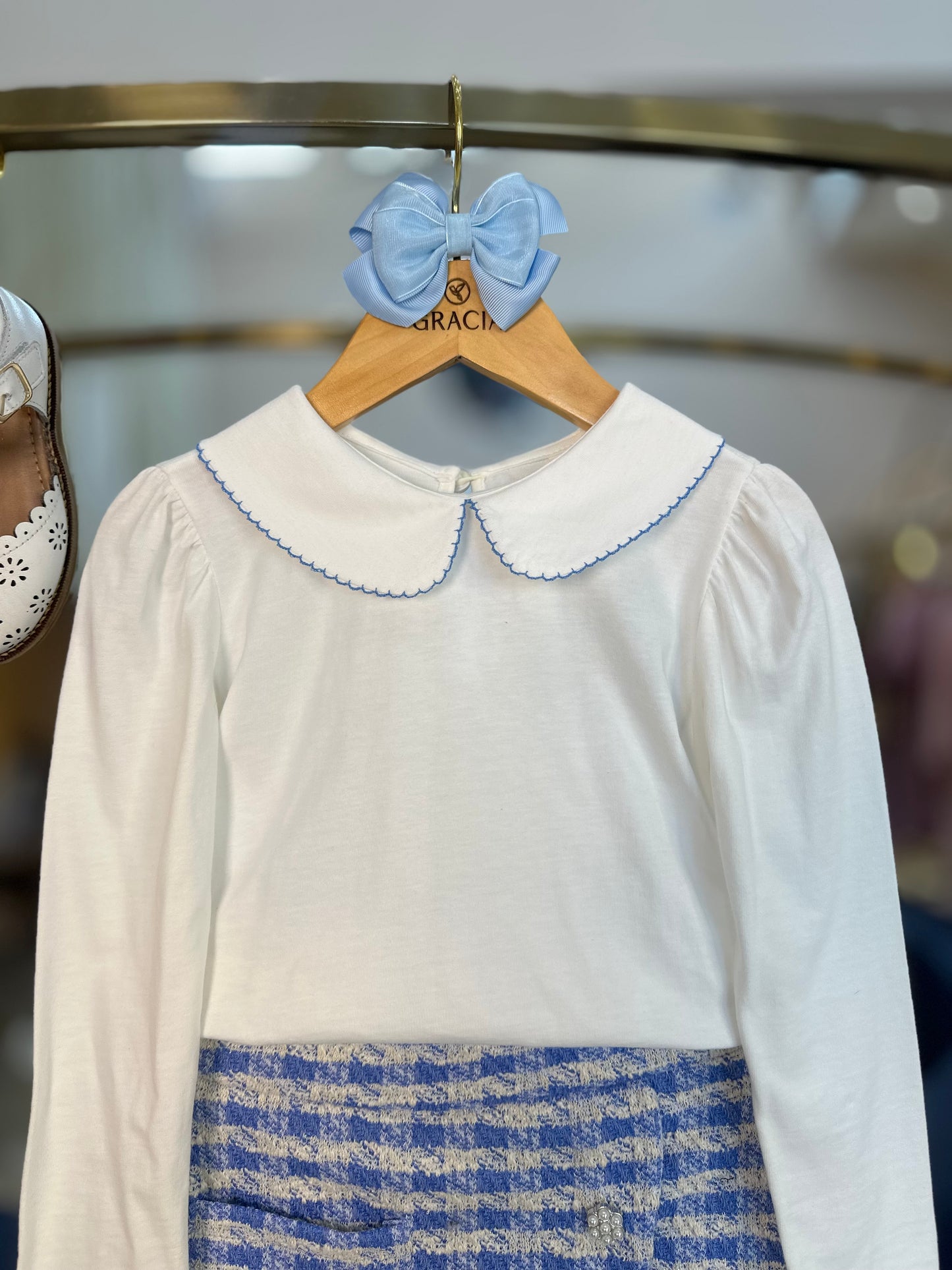 Conjunto Infantil Blusa ML de Algodão com Gola e Saia Malha Tweed com Botões - Beabá