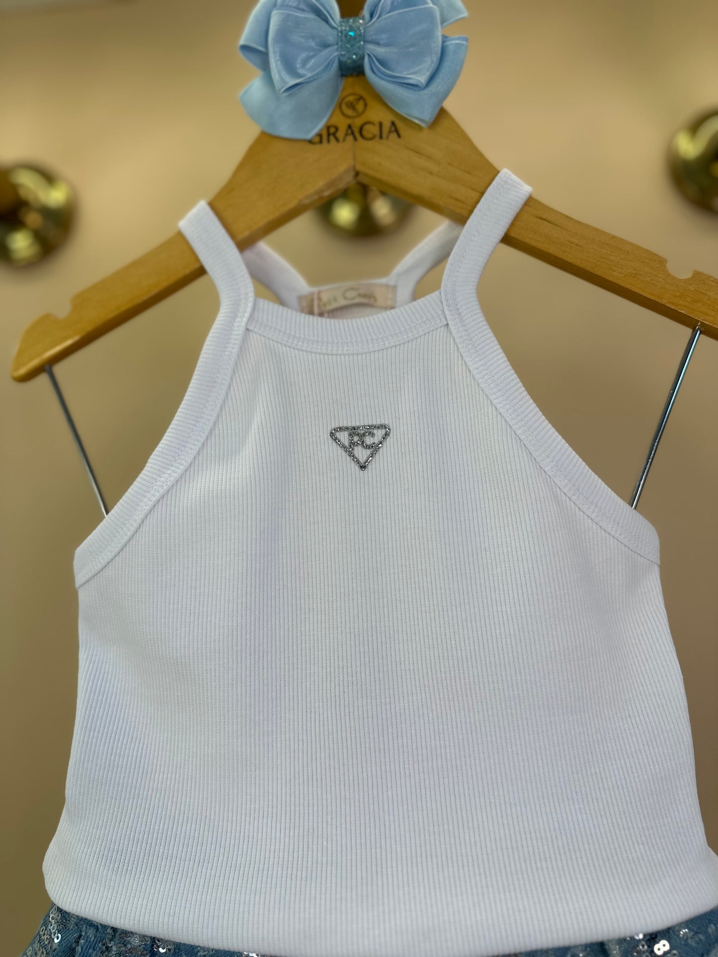 Conjunto Infantil Regata e Shorts Jeans com Paetês - Petit Cherie