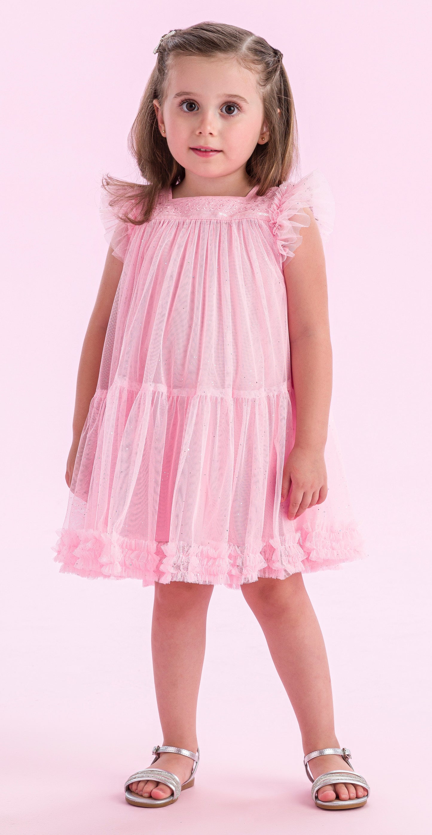 Vestido Infantil Trapézio Tule Glitter Bordado Rosa Baby - Petit Cherie