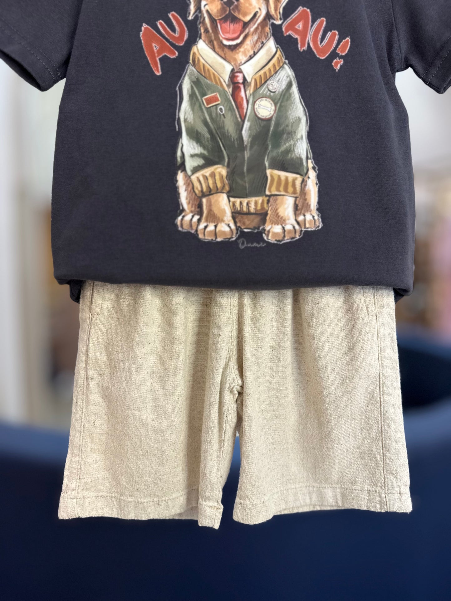 Conjunto Infantil Camiseta Cachorro Golden Grafite e Bermuda Linho Elastano Bege - Dame