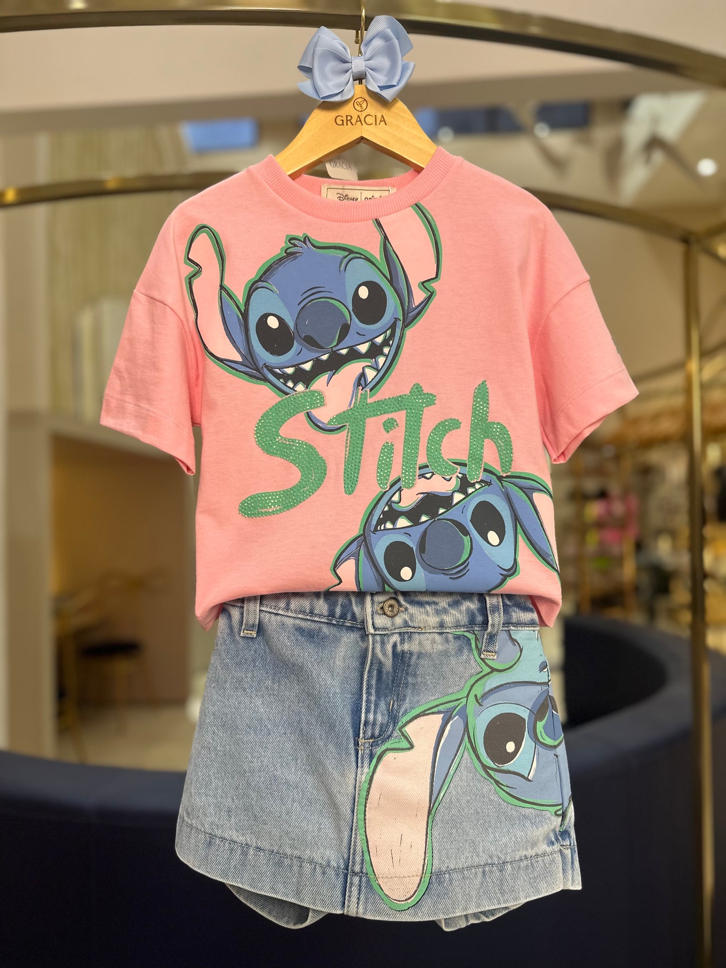 Conjunto Infantil Stitch Tshirt e Shorts-saia Jeans - Animê