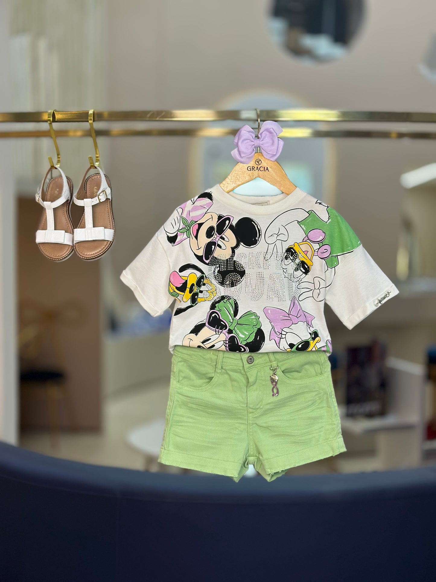 Conjunto Infantil Blusa Mickey & Minnie Shorts Sarja Pistache Disney - Animê