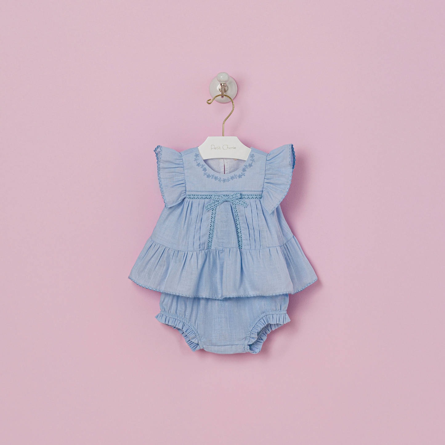 Conjunto Bebê Algodão Batinha Bordada e Shortinho Azul - Petit Cherie