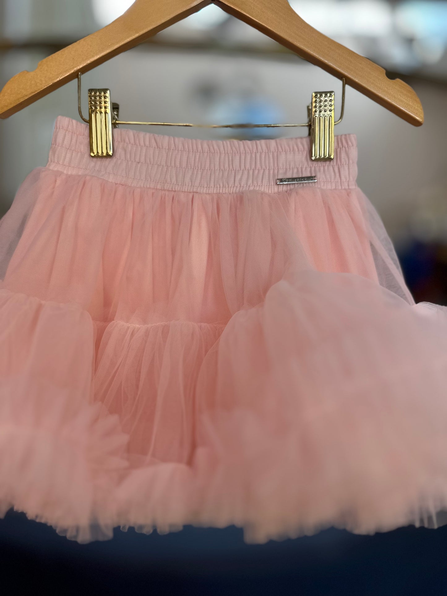 Conjunto Infantil Blusa Cropped Maxi Laço Bordado e Saia-shorts Babado Frufru Tule Rosa Baby - Pituchinhus