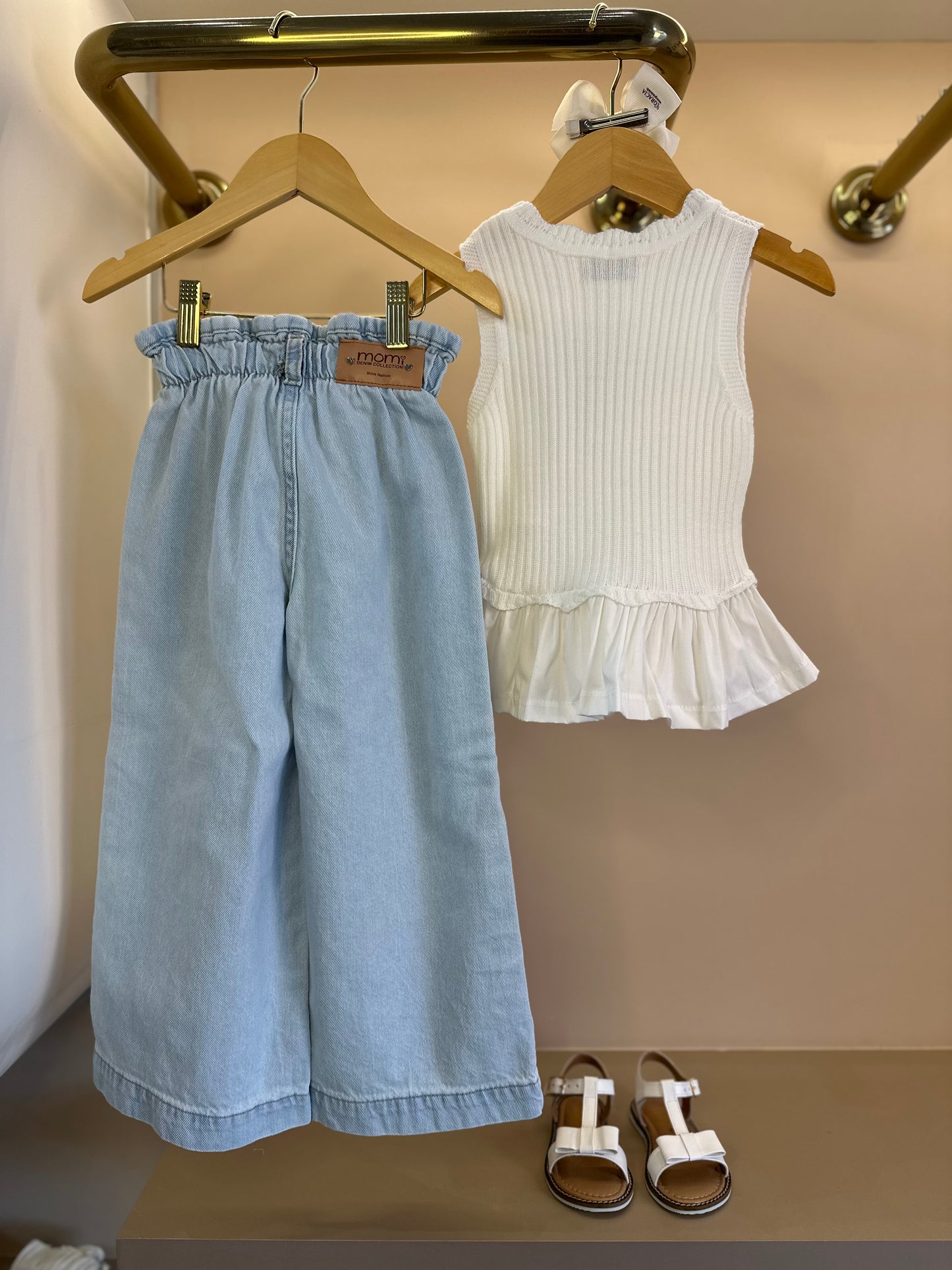 Conjunto Infantil Blusa Tricot Lacinhos e Babados e Calça Jeans Cós Clochard - Momi
