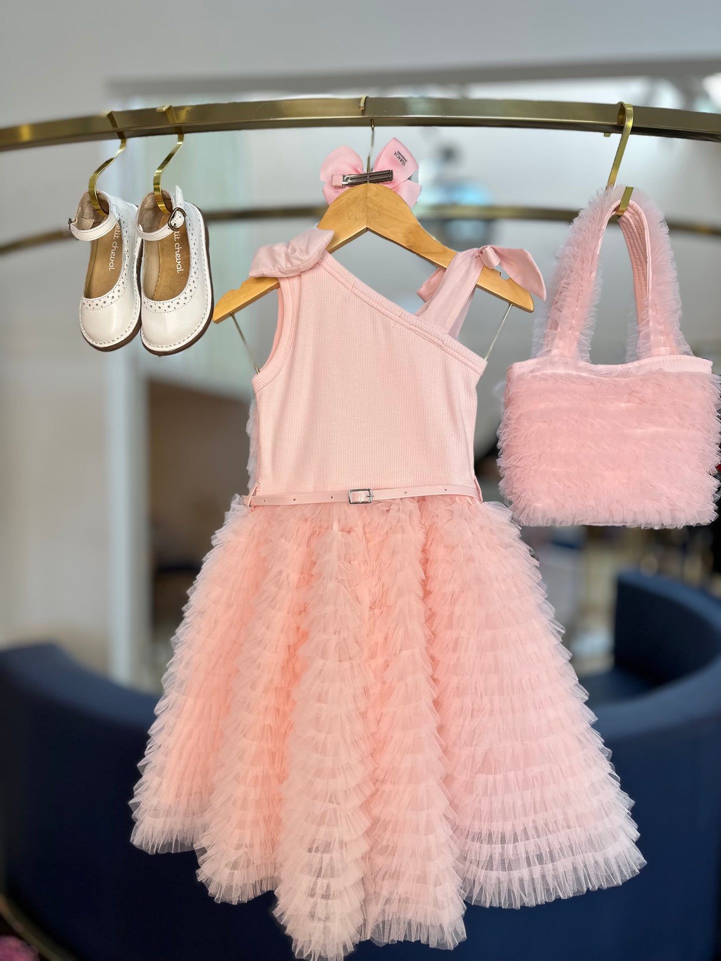 Vestido Infantil Festa Frufru Tule Laço Puffer Bordado Rosa Gelado - Pituchinhus