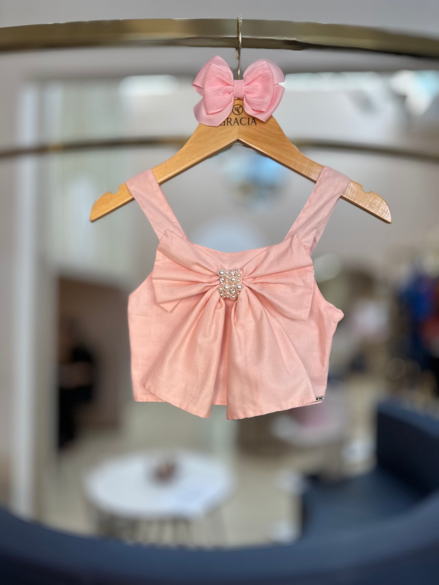 Conjunto Infantil Blusa Cropped Maxi Laço Bordado e Saia-shorts Babado Frufru Tule Rosa Baby - Pituchinhus