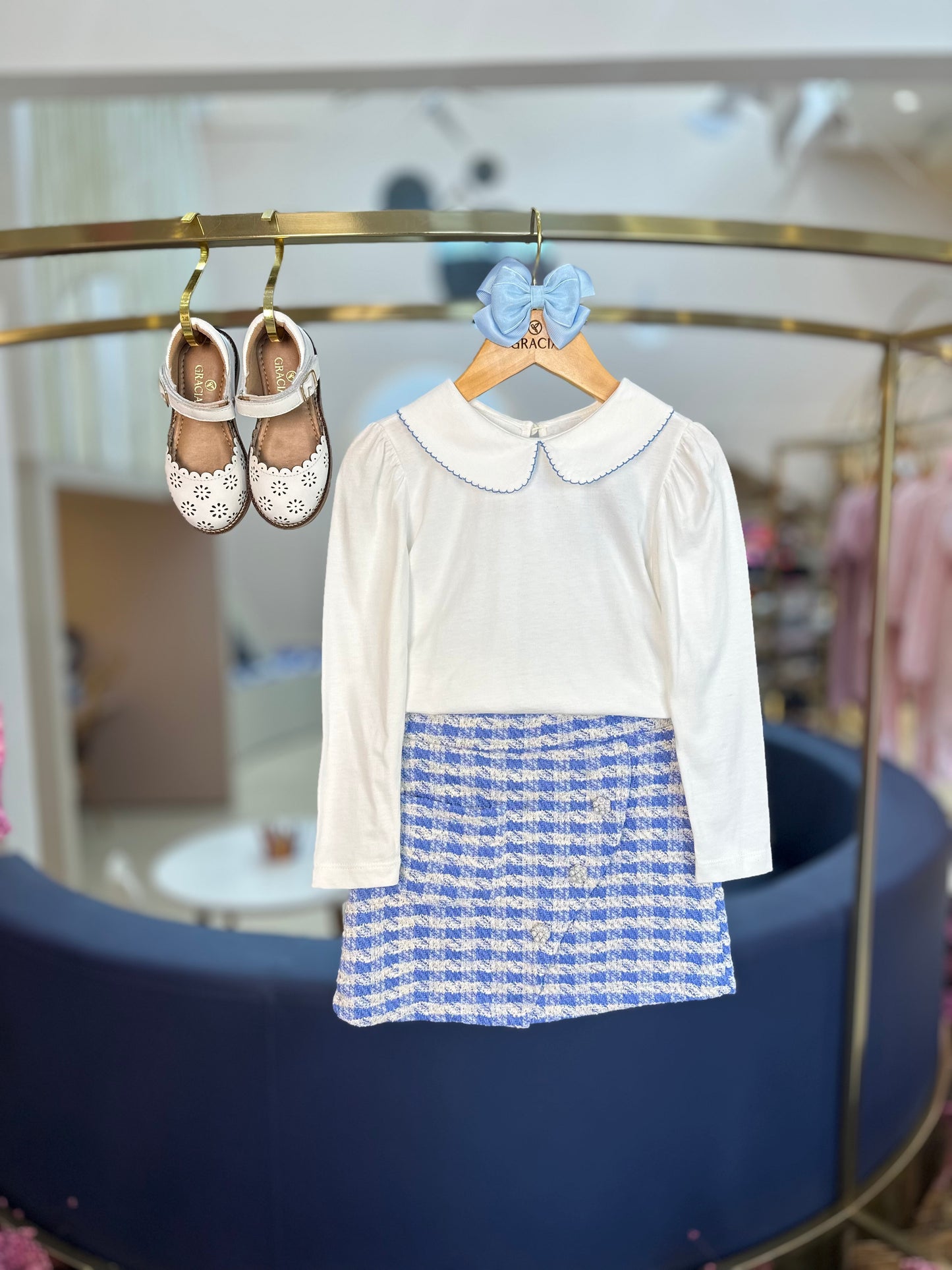Conjunto Infantil Blusa ML de Algodão com Gola e Saia Malha Tweed com Botões - Beabá