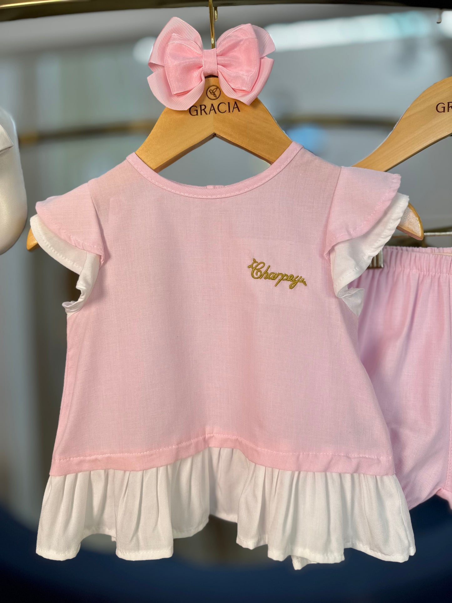 Conjunto Bebê Bata e Shorts de Algodão Rosa - Charpey