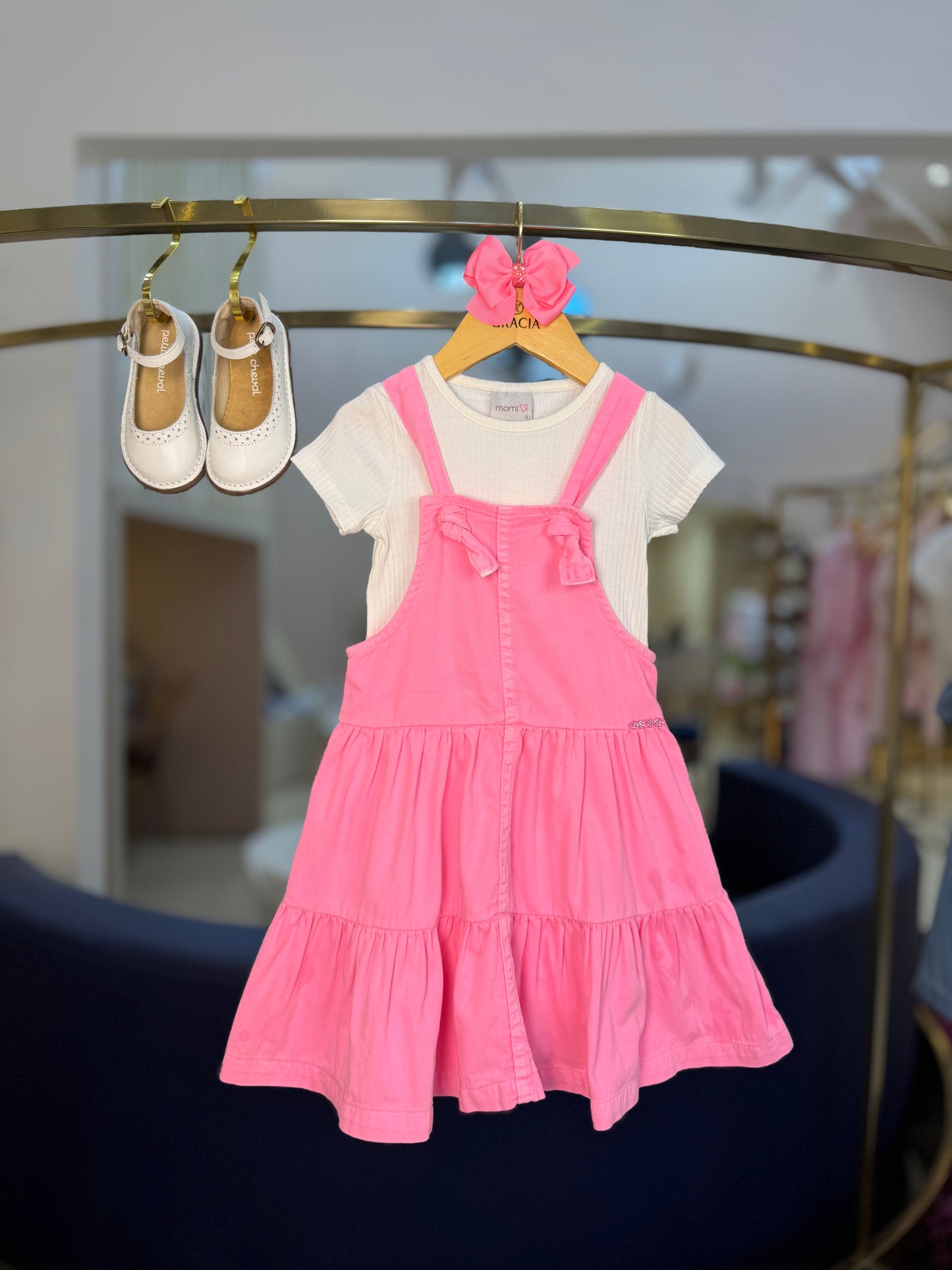 Salopete Infantil Sarja Rosa Fluor - Momi