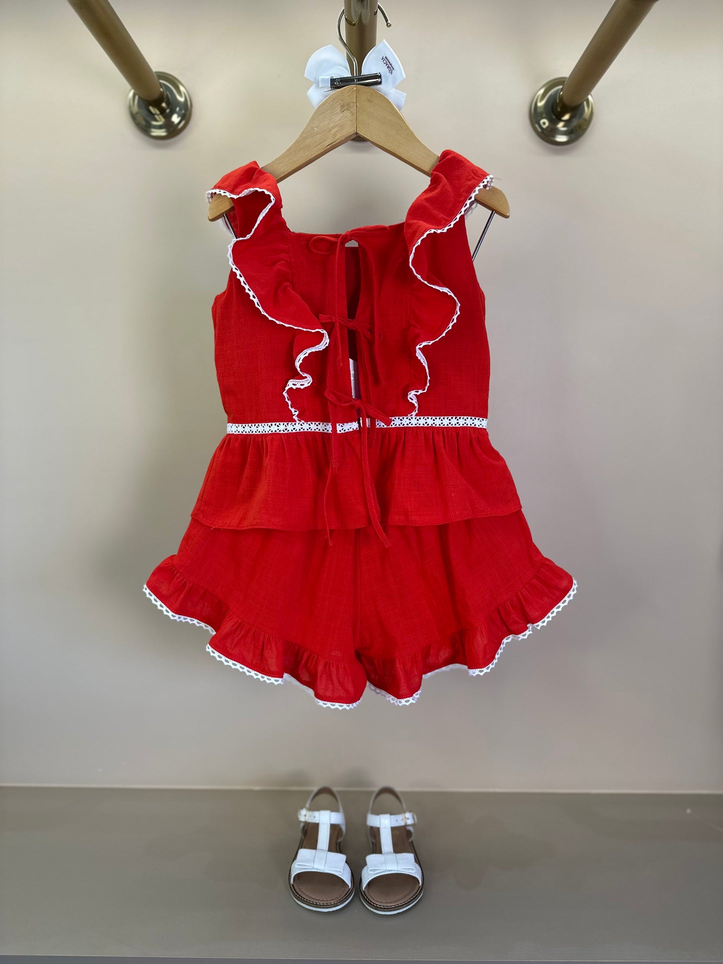 Conjunto Infantil Algodão Bordado Blusa Peplum e Shorts Vermelho - Petit Cherie