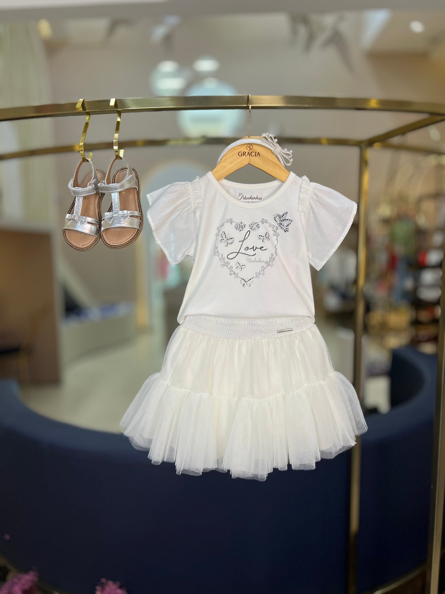 Conjunto Infantil Blusa Coração e Saia-shorts de Tule - Pituchinhus